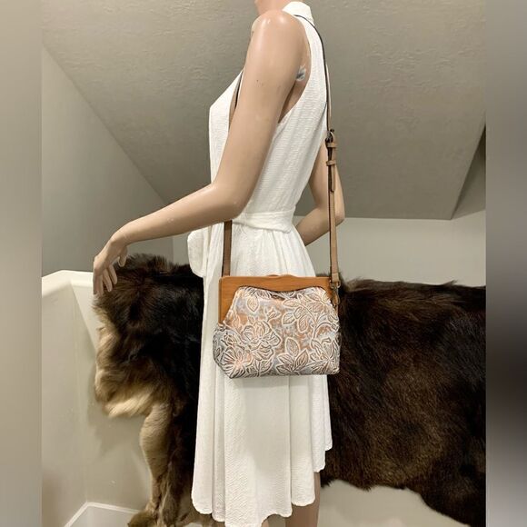 Handmade Genuine Cowhide Floral Embossed, Wooden Frame Bag & 2 Strap Styles - Picture 10 of 16